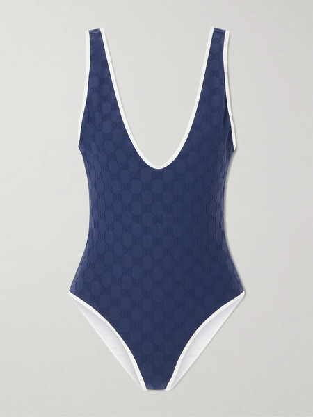  Gucci   Piped Terry Jacquard Swimsuit   Navy 