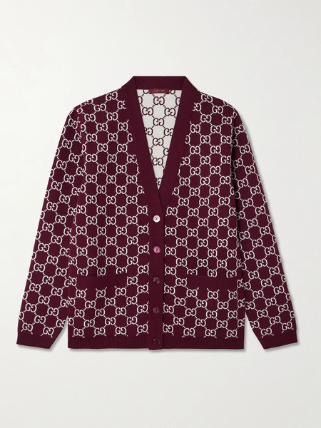 Gucci   Reversible Jacquard Knit Wool Blend Cardigan   Burgundy 