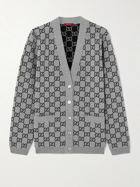  Gucci   Reversible Jacquard Knit Wool Blend Cardigan   Gray 