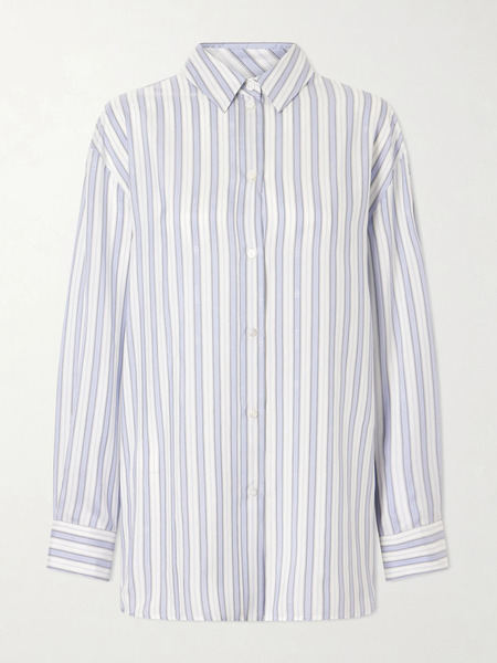  Gucci   Striped Logo Jacquard Silk Shirt   Blue 