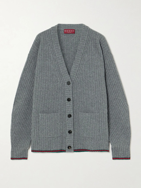  Gucci   Striped Ribbed Wool Cardigan   Dark Gray 
