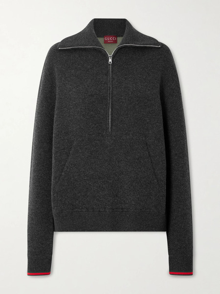  Gucci   Striped Wool Blend Half Zip Polo Sweater   Gray 