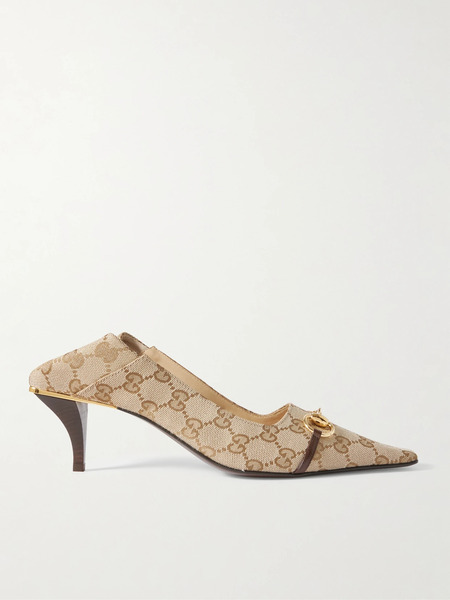  Gucci   Vittoria Collapsible Heel Horsebit Embellished Leather Trimmed Canvas Jacquard Pumps   Beige 