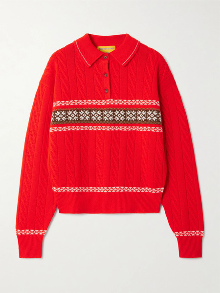 Guest In Residence   Cable Collegiate Fair Isle Cable Knit Wool And Cashmere Blend Polo Sweater   Red 