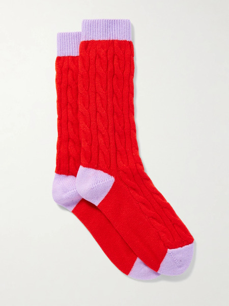  Guest In Residence   Two Tone Cable Knit Cashmere Socks   Red 