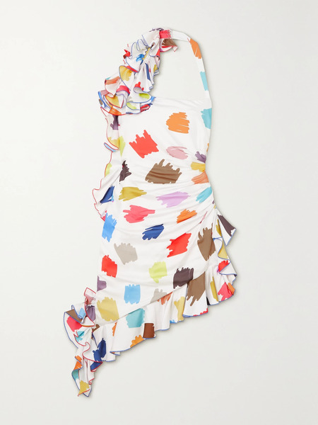  Halpern   Asymmetric Ruffled Printed Crepe De Chine Mini Dress   White 