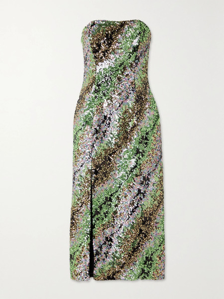  Halpern   Strapless Striped Sequined Tulle Midi Dress   Green 