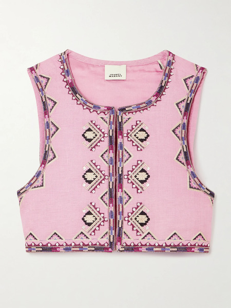  Isabel Marant   Zaori Cropped Embellished Embroidered Silk Gauze Vest   Pink 