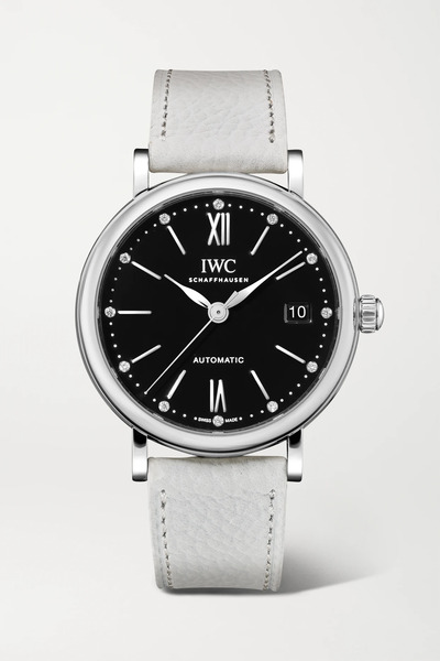  Iwc Schaffhausen   Portofino Automatic 37mm Stainless Steel, Textured Leather And Diamond Watch   Silver 
