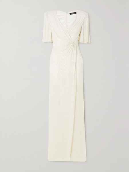  Jenny Packham   Draped Wrap Effect Embellished Chiffon Gown   White 