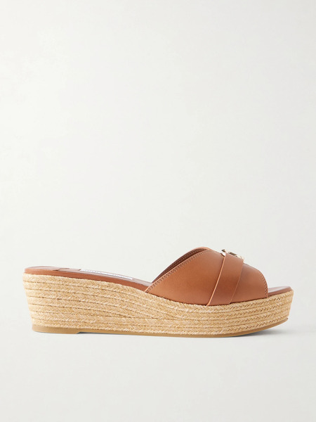  Jimmy Choo   Leda Logo Embellished Leather Platform Espadrilles   Tan 