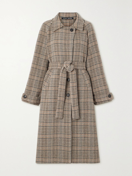  Kassl Editions   Distressed Belted Checked Wool Blend Coat   Camel 