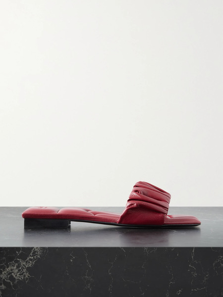  Khaite   Crete Ruched Leather Slides   Claret 