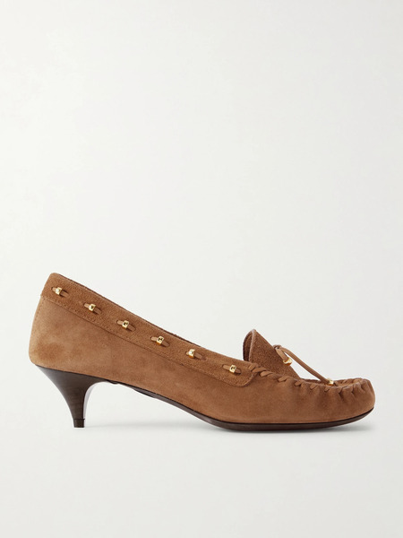  Khaite   Milly Embellished Whipstitched Suede Pumps   Tan 