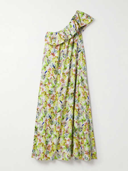  Kika Vargas   + Net Sustain Bonnie One Shoulder Ruffled Floral Print Cotton Poplin Maxi Dress   Green 
