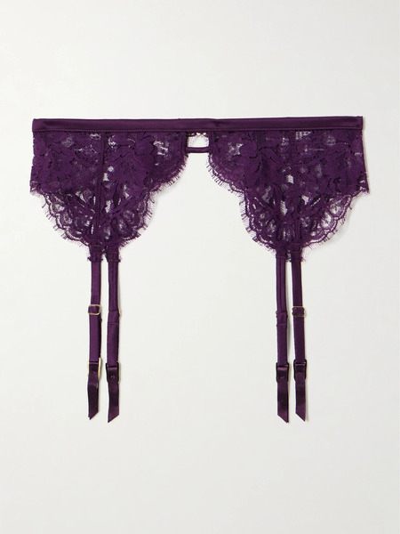  Kiki De Montparnasse   Camille Silk Blend Satin Trimmed Organic Cotton Blend Lace Suspender Belt   Purple 