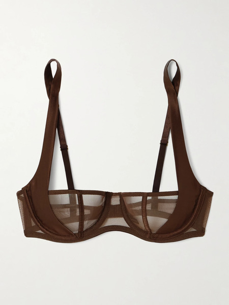  Kiki De Montparnasse   Illusion Silk Blend Satin Trimmed Tulle Underwired Balconette Bra   Chocolate 