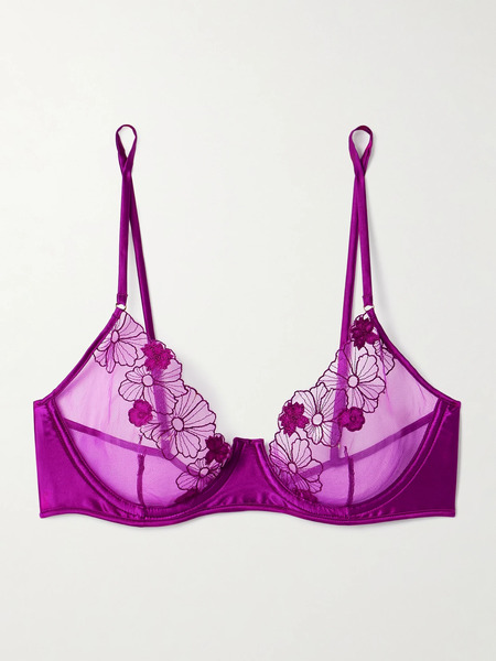  Kiki De Montparnasse   Violet Satin Trimmed Appliquéd Embroidered Tulle Underwired Soft Cup Bra   32c 