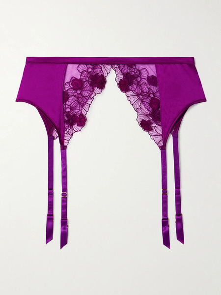  Kiki De Montparnasse   Violet Silk Blend Satin And Appliquéd Embroidered Tulle Suspender Belt   X Small 