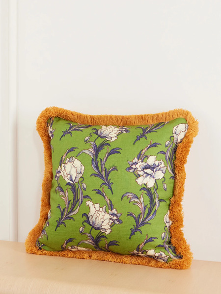  La Doublej   Floral Printed Fringed Trimmed Cushion   Green 