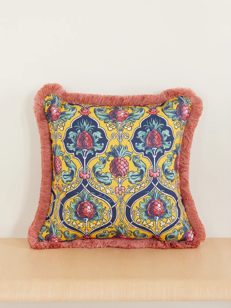  La Doublej   Floral Printed Fringed Trimmed Cushion   Multi 
