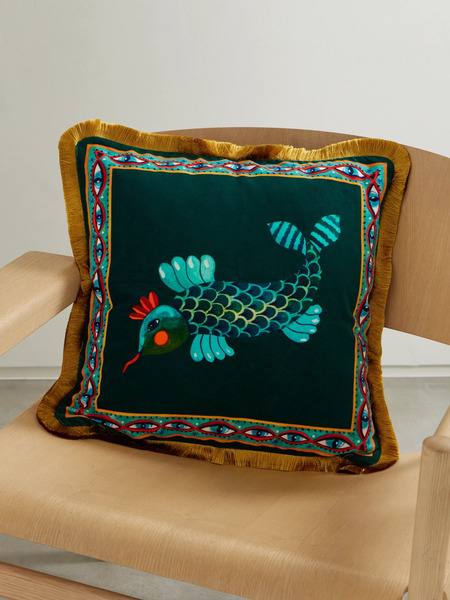  La Doublej   Fringed Printed Cotton Blend Velvet Cushion   Green 