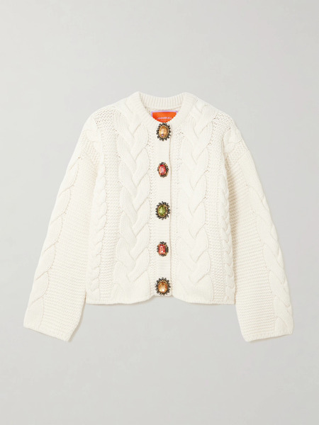  La Doublej   Icon Portrait Crystal Embellished Cable Knit Wool Blend Cardigan   White 
