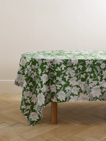  La Doublej   Large Floral Print Linen Tablecloth   Green 