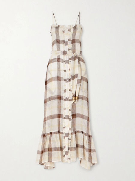  Lisa Marie Fernandez   Belted Embellished Tiered Ruffled Checked Linen Blend Gauze Maxi Dress   Multi 