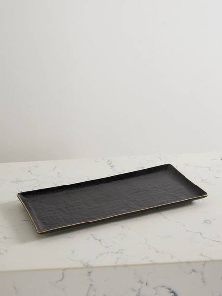  L'objet   Gold Plated Croc Effect Porcelain Tray   Black 