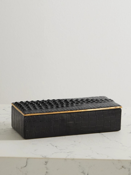  L'objet   Gold Plated Croc Effect Porcelain Trinket Box   Black 