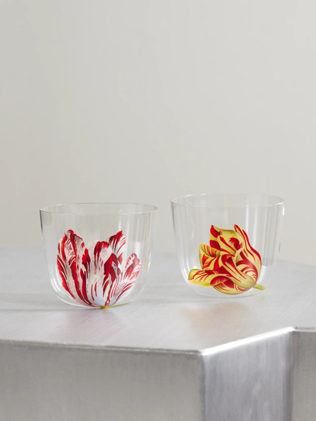  Lobmeyr   Tulipmania Set Of Two Painted Crystal Glass Tumblers   Clear 