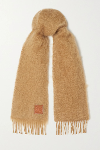  Loewe   Appliquéd Fringed Mohair Blend Scarf   Camel 