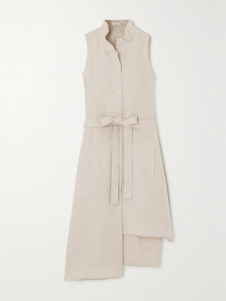  Loewe   Asymmetric Embroidered Belted Linen Midi Dress   Neutral 