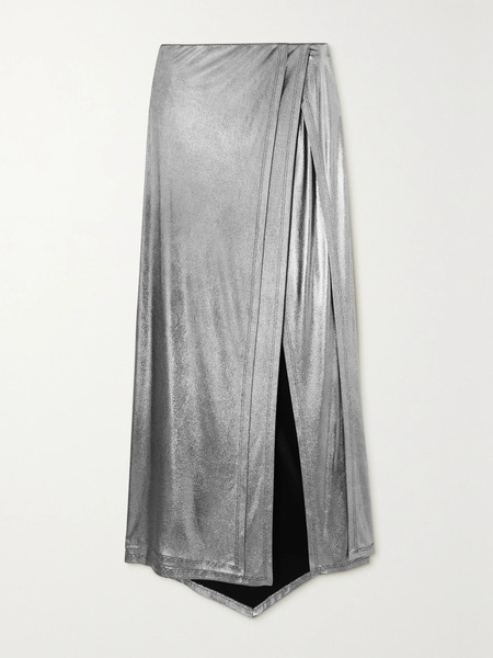  Loewe   Asymmetric Wrap Effect Metallic Stretch Jersey Maxi Skirt   Silver 