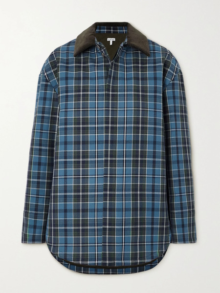  Loewe   Cotton Corduroy Trimmed Checked Wool Blend Padded Jacket   Blue 