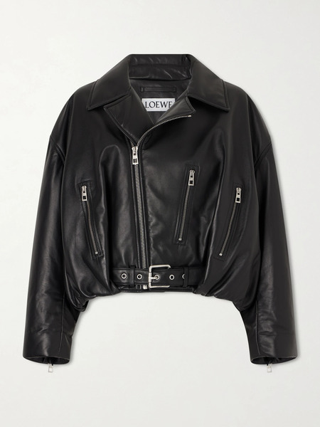  Loewe   Cropped Buckled Leather Biker Jacket   Black 