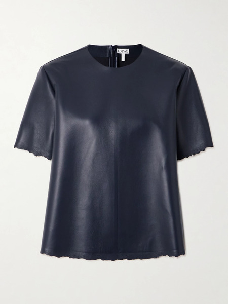  Loewe   Distressed Embossed Leather T Shirt   Navy 