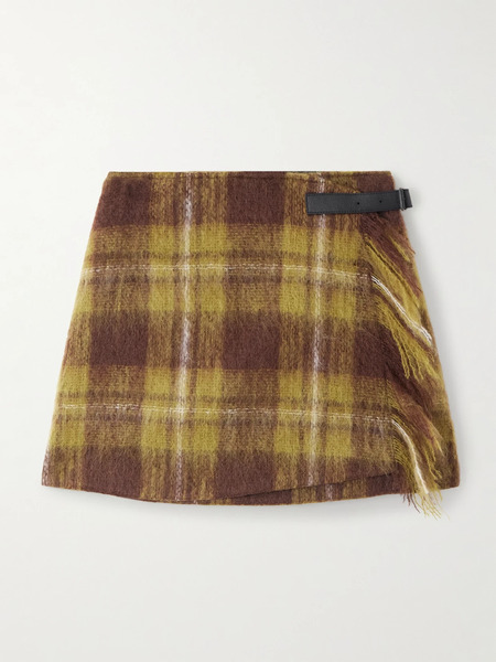  Loewe   Leather Trimmed Checked Mohair And Wool Blend Mini Wrap Skirt   Brown 
