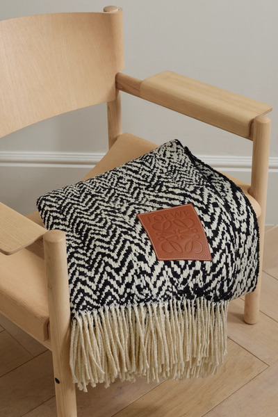 Loewe   Leather Trimmed Fringed Herringbone Wool Blend Blanket   Black 
