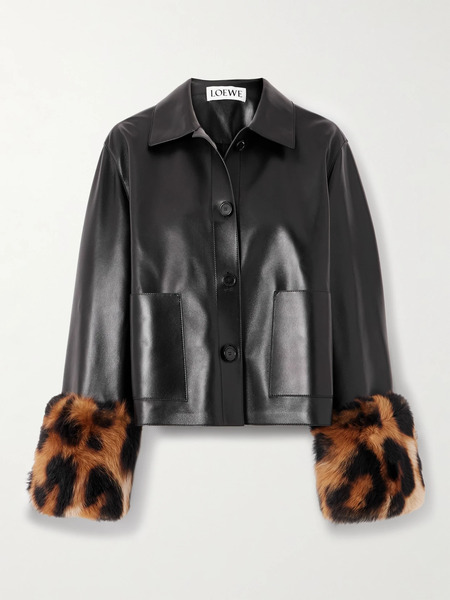  Loewe   Leopard Print Shearling Trimmed Glossed Leather Jacket   Black 