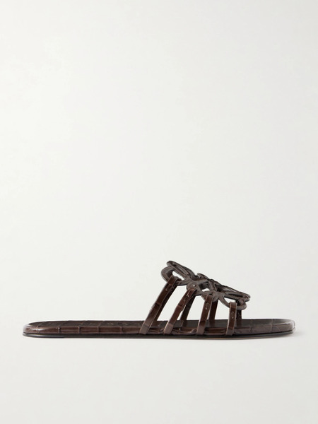  Loewe   Petal Anagram Croc Effect Leather Slides   Chocolate 