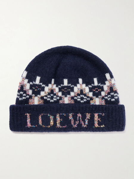  Loewe   Sequin Embellished Fair Isle Wool Blend Beanie   Navy 