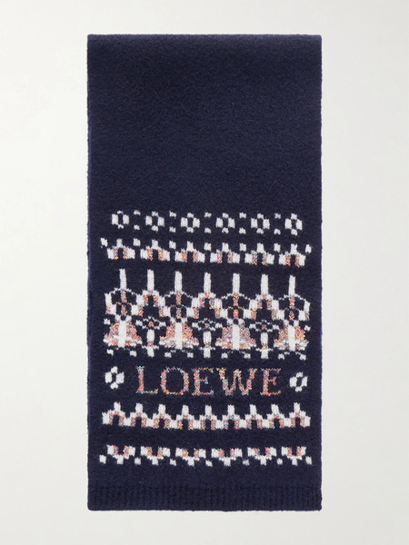  Loewe   Sequin Embellished Fair Isle Wool Blend Scarf   Navy 