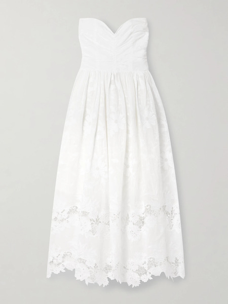  Loretta Caponi   Desideria Strapless Guipure Lace Trimmed Embroidered Cotton Voile Midi Dress   White 