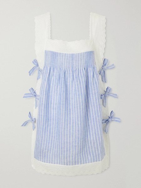 Loretta Caponi   Fiocchini Bow Embellished Striped Broderie Anglaise Trimmed Linen Mini Dress   Blue 