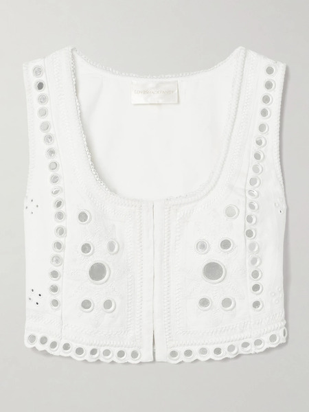  Loveshackfancy   Cayman Cropped Paillette Embellished Embroidered Linen Top   White 
