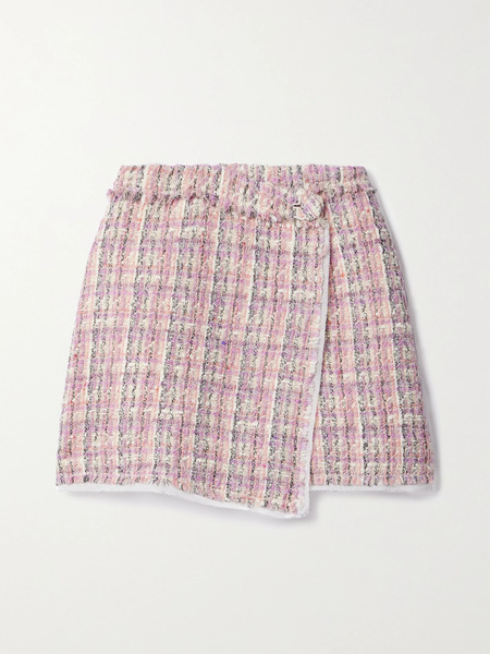  Loveshackfancy   Royce Georgette Trimmed Metallic Wool Blend Tweed Mini Wrap Skirt   Pink 