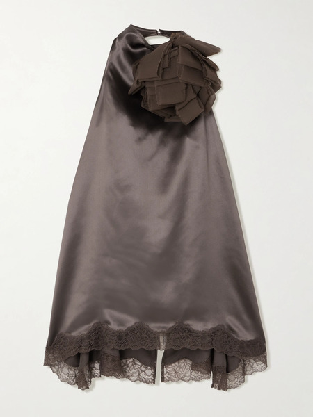  Magda Butrym   Appliquéd Scalloped Lace And Chiffon Trimmed Silk Satin Halterneck Blouse   Dark Brown 