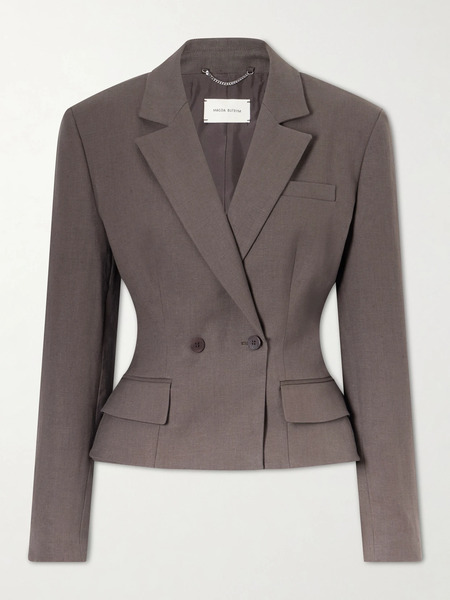  Magda Butrym   Double Breasted Cropped Linen Blend Blazer   Brown 